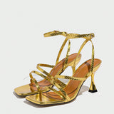 Women's High-Heeled Sandals Elegant Fine Strips With Gorgeous Metal Style Charm Unique Gold Handmade Women's