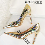 Shoes New Patent Leather Woman Pumps Metal Stone Pattern High Heels Designer Women Heels Stiletto Female Pumps Size