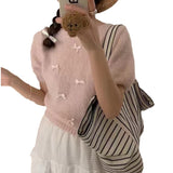 Chic Spring And Summer Little Bow Bow Short-Sleeved Collar Knitted Jersey Girl Spring Sweet Soft Foam Bubble Sleeve