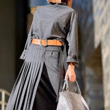 Zingj 2023 New Fashion Versatile Temperament Belt Closed Waist Pleated Dress-Outfit