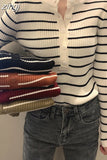 Striped Women Pullover Sweater Fashion Button Long Sleeve Knitted Slim Korean Jumper Causal High Elastic Ladies