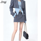 Winter Elegant Two Piece Skirt Set Women Patchwork Designer Mini Skirt Suit Female Office Lady Casual Long Sleeve Skirt