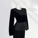 Zingj Waist Shows Thin Temperament Famous Lady Daughter Wind Black Golden Velvet Jacket Female Early Spring Round Collar French Long-Sleeved T-Shirt