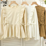 Ruffles Corduroy Blouse Women New Korean Style Sweet Lace Up Kawaii Shirts Autumn Elegant Office Long Sleeve Ladies