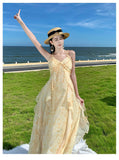 Zingj Summer Vacation Gentle Yellow Tune Dyed Flowers With Neck Flounce Print Skirt Beach