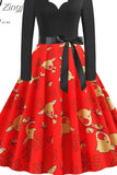 Women Winter Long Sleeve Vintage Christmas Dress Black Red Print V Neck Sexy Xmas Party Dress Robe 3XL Elegant