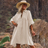 Women's Loose Solid Color Polo Collar Holiday Leisure Buttons Literary Style Fashion Dress