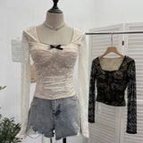 Pat With Chest Cushion Square Collar Bow Lace Long Sleeve Bottom Top Dress Slim Slim Short Shirt