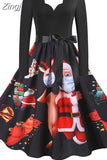Dress Women Casual Vintage Patchwork Party New Year Santa Print Robe 50S 60S Rockabilly Swing Elegant Winter