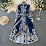 Retro High-End Lantern Long-Sleeved Print Dress Female Light Luxury Elegant Single Buckle Waist Swing