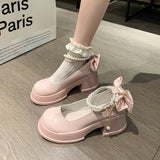 Mary Jane Women 2025 New Round Head Thick-Shoe White Pearl Bow With Skirt Thick-Soled Single