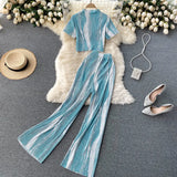 Striped 2pcs Set Women Summer Stand Collar Short Sleeve Tops + High Waist Pants Pleated Draped Suit Female