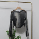 Not Sultry Hot Tie Dye Net Yarn Long-Sleeved T-Shirt Drawstring Tethered With Short-Sized T-Shirt Horn Sleeve Top