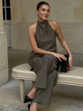 Women's Clothing Neck Tie Minimalist Top + Mid-Rise Loose Trousers