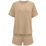Hot Selling Women's Wear 2025 Casual Wind Loose Round Collar Solid Color Short-Sleeved Top Shorts