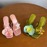 Handmade Asymmetric Flower Sandals Women 2025 New Silk Satin Clip Heel Half-Wtwing High