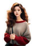 And Winter New Hong Kong Style Chic Top Female Design Color Collar Knitted Shirt Age Reduction Lantern Sleeve Long-Sleeved