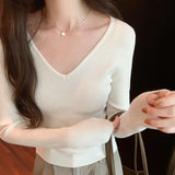 V-Collar Solid Color Long-Sleeved Woolen Blouse A New Style Slim And Slim Sweater In Autumn And