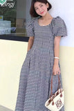 Retro Fashion New Summer Women Puff Sleeve Plaid Dress Ladies Pullover Cotton Dresses Casual Woman Print A-line Long