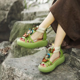 Layer Of Cow Skin Art Retro Sandals Women 2025 Summer New Bump Flower Cake Thick Bottom Roman
