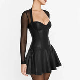 Black Long Sleeve Mesh PU Leather Mini Dress- Outfit