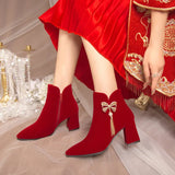New Bow Water Diamond String Beads Wedding Shoes Korean Version Tassel Thick Heel Comfortable Bride Boots Wine Red Fashion