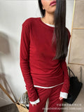 2025 New Soft Model Set Women's Casual Blouse + Broad Legs Christmas Red