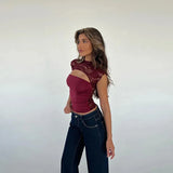 Front Slit Back Lace Short Sleeve Top- Outfit