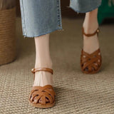 Wind Sandal Shoes Women 2025 New Summer Niche Buns Woven Hollow Coarse Heel Buckle Roman