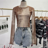 Real Shooting Front Double-Layer Tie-Dye Printing Mesh Long-Sleeved Top Short High-Waisted T-Shirt T-Shirt