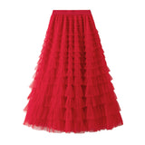 Yarn Lotus Leaf Side Temperament Skirt Women's Dress 2025 Spring And Autumn New Famous Woman Long Dress Thin Cake Skirt