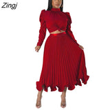 2 Piece Skirt Sets Women Long Sleeve Crop Top and Midi Skirts Sets Autumn Fashion Solid Color Club Outfits