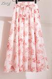 floral print chiffon skirts women Sprint Summer korean A line Pink streetwear high waist ladies midi
