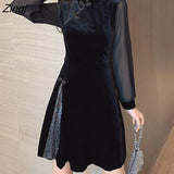 Style Dresses Women Black Sequined Velvet Mesh Vintage Mandarin Collar Club Party Vestido Feminino Oriental Elegant