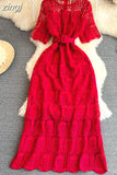 Women Vintage Purple/Red/White Hollow Lace Party Maxi Dress Female Elegant Round Neck Short Sleeve Slim Robe New