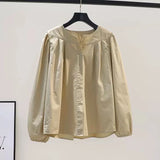 Lantern Sleeves Folded Cotton Lady Shirt 2025 Spring And Autumn Korean Version Of The Design Sense Of Loose Literary And Artistic Fan