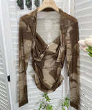 Tie-Dye-Print Long Sleeve Bottom Sexy Hottie V-Neck T-Shirt Folded Slimming Mesh Yarn Top