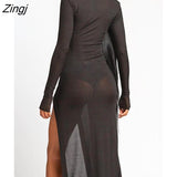 Single Breasted Transparent Dresses Women Sexy Long Sleeve Casual Turn Down Collar High Side Split Evening Dress
