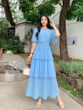 Familiar With The Style Of Temperament Short-Sleeved Round Collar To Close The Waist Thin Cake Dress Dress Dress