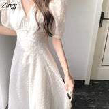 V-neck Midi Dress Women Summer Puff Sleeve White Casual Party Dress Female Office Kawaii Lace One-piece Dress Korean