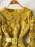 Autumn Women Hook Flower Hollow Party Long Dress Vintage Round Neck Puff Sleeve High Waist A-Line Maxi Vestidos New