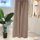 Thick Knitted Wide Leg Pants Women Solid Elastic High Waist Drawstring Trousers Female Autumn Korean Casual Loose