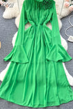 Vintage Purple/Green/Orange Long Dress Women Elegant Stand Collar Flare Sleeve High Waist A-Line Slim Tie Flower