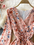 Autumn Women Floral Chiffon Midi Dress Vintage V-Neck Flare Long Sleeve High Waist A-Line Vestidos Female New