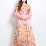 Lady Print Set Of Women's Holiday Style Collar Lantern Sleeves Thin Shirt High Waist Large Swing Long