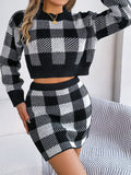Shooting Autumn And Winter Casual Lattice Long Sleeve Open Umbilled Sweater Hip Skirt Suit Women's