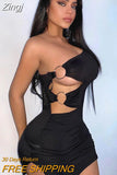 Irregular Hollow Out Sexy Bodycon One Shoulder Long Sleeve Strapless Package Hip Slim Elegant Party Summer Mini