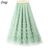 Tulle Long Skirts Womens Spring Summer Korean Style Solid High Waist A-Line Tutu Skirt Female Mesh Pleated Maxi