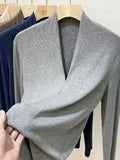Zingj Temperament Goddess 2024 Autumn New Good Version V Collar Short Sleeve Female Slim Slim Elastic Cotton Black