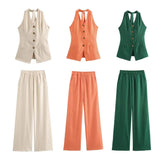Fragrant Cotton Lint Neck Vest Set Of Women's Summer With Light Luxury High-End Trousers Two